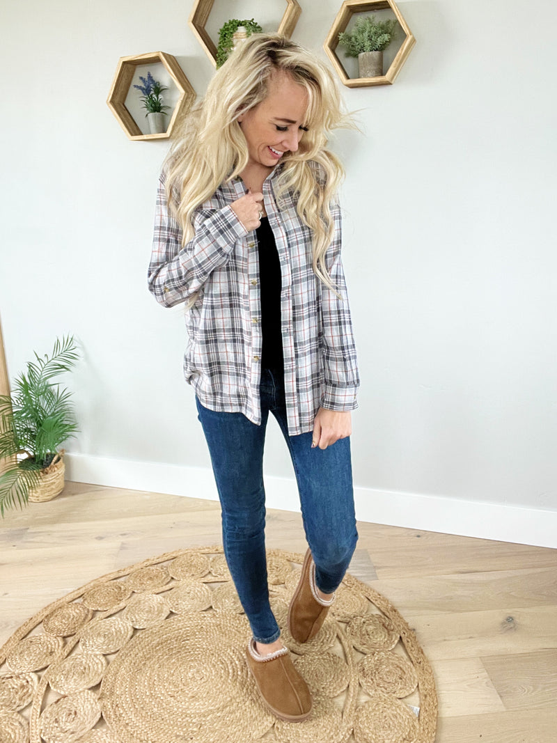 Out Of My Head Flannel Shacket Top in Gray