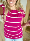 Melody Wide Crew Neck Short Sleeve Striped Pullover Sweater in Fuchsia