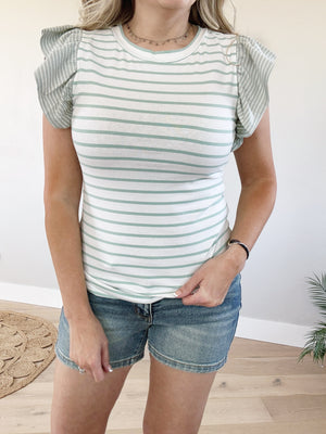 Walk in the Park Crew Neck Ruffled Sleeve Striped Top in Mint and White