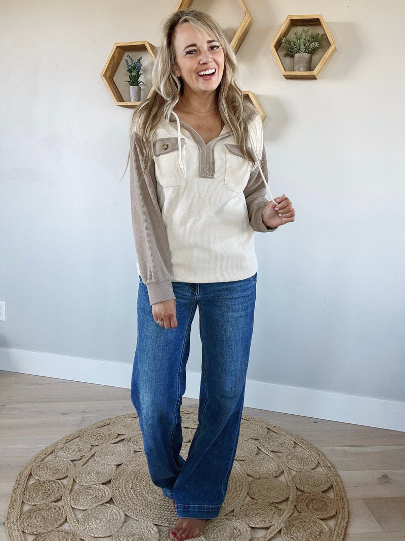 Two Of A Kind Henley Style Hoodie in Mocha and Ivory