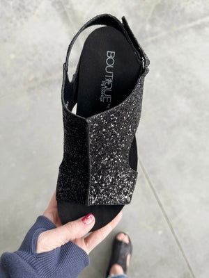 Corky's Black Glitter Wedge Sandal