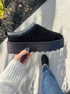 Never Know Platform Embroidered Slip-On Boots in Black