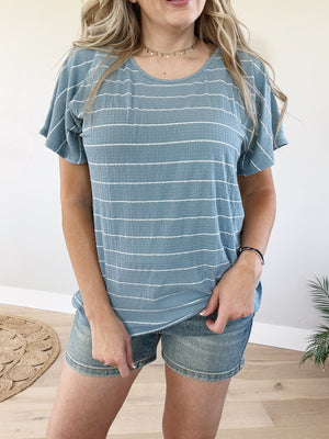 Committed Ruffle Sleeve in Top in Slate Blue