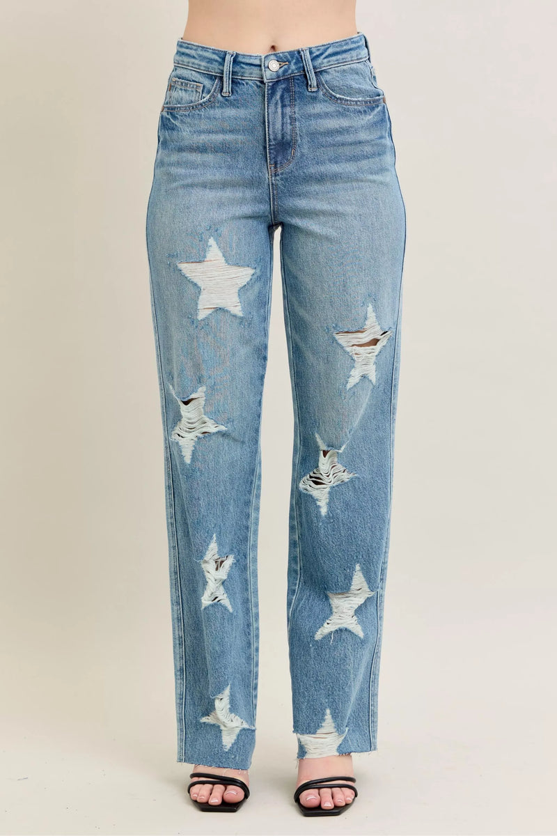 Judy Blue High Rise Rigid Magic Star Detailed Straight Jeans