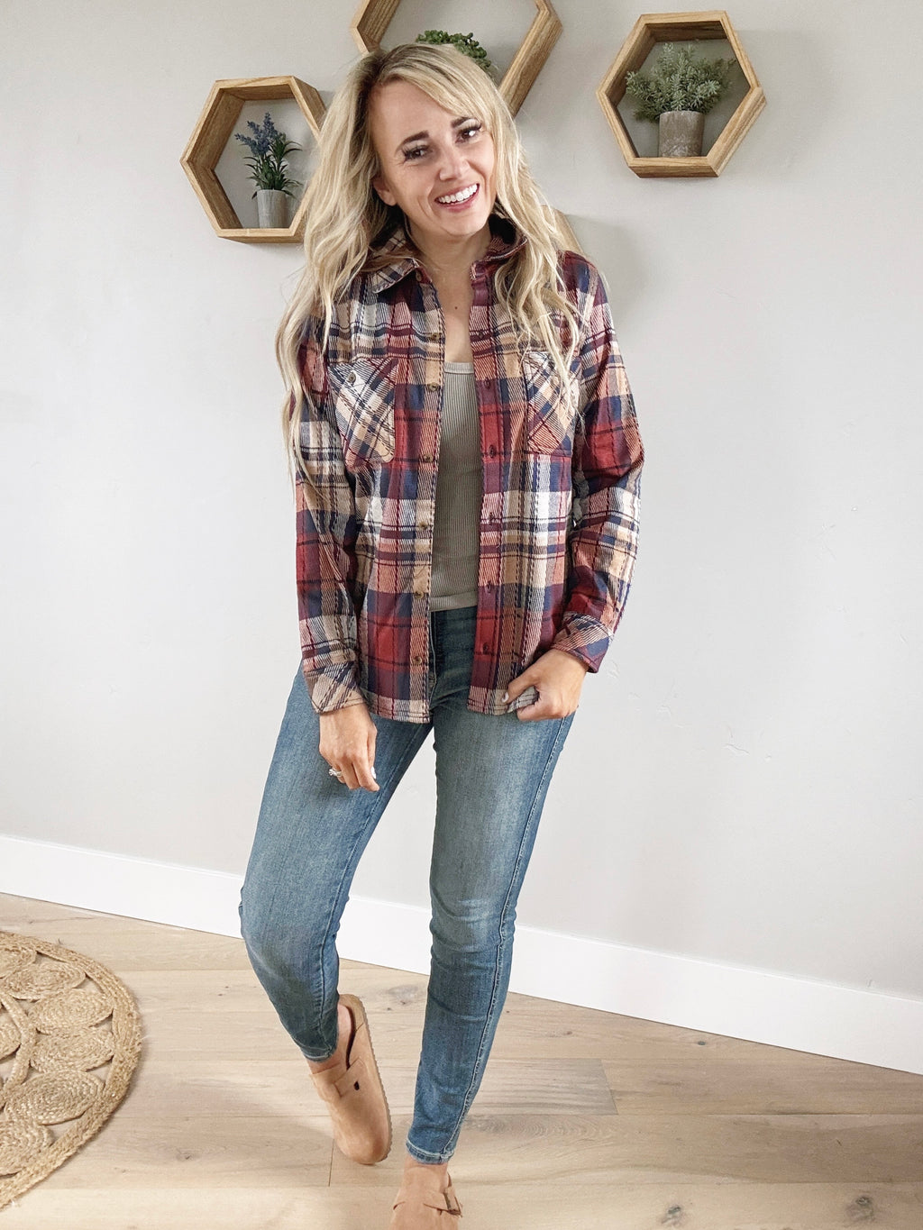 Never Give Up Button Down Plaid Long Sleeve in Scarlet