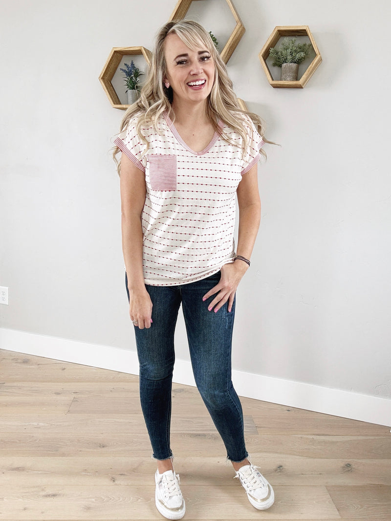 You Before Me V-Neck Dotted Striped Top in Ivory and Red