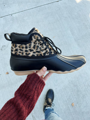 Gypsy Jazz Duck Boots in Black and Animal Print (SALE)