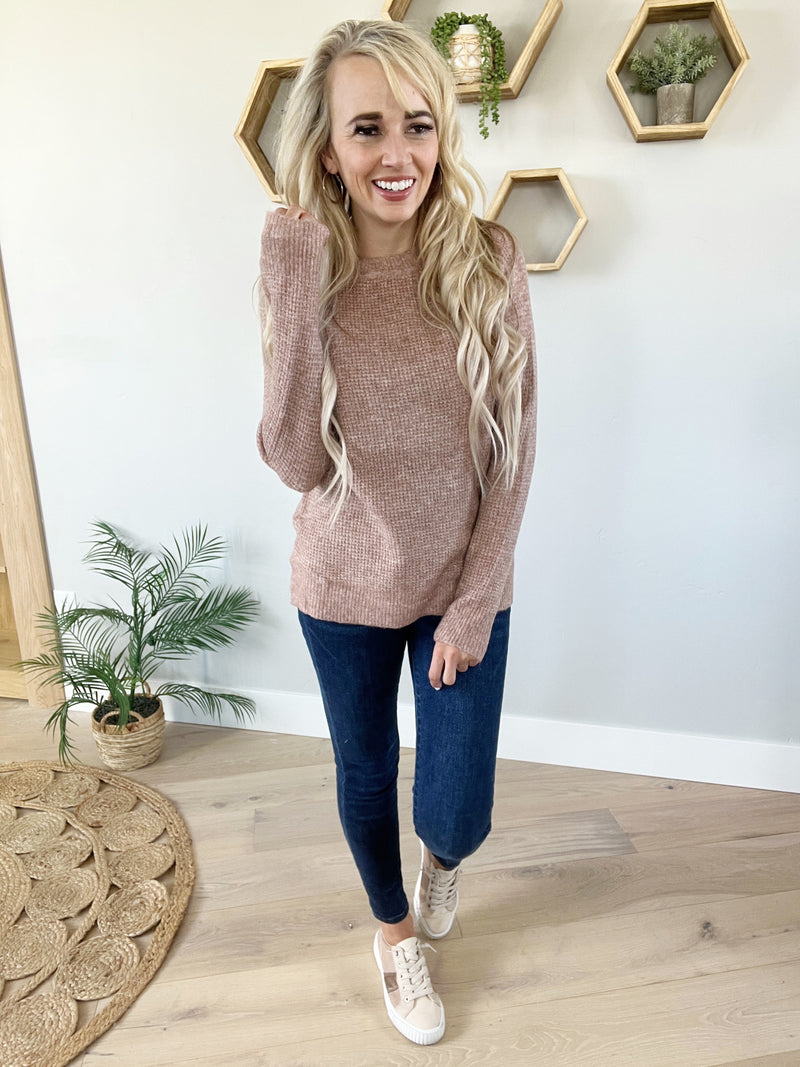 In the Know Crew Neck Long Sleeve Sweater in Light Mocha