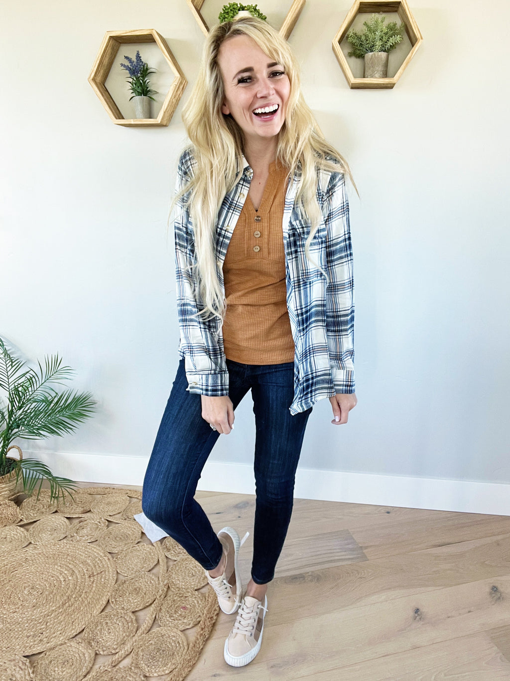 Back In Time Plaid Top in Navy