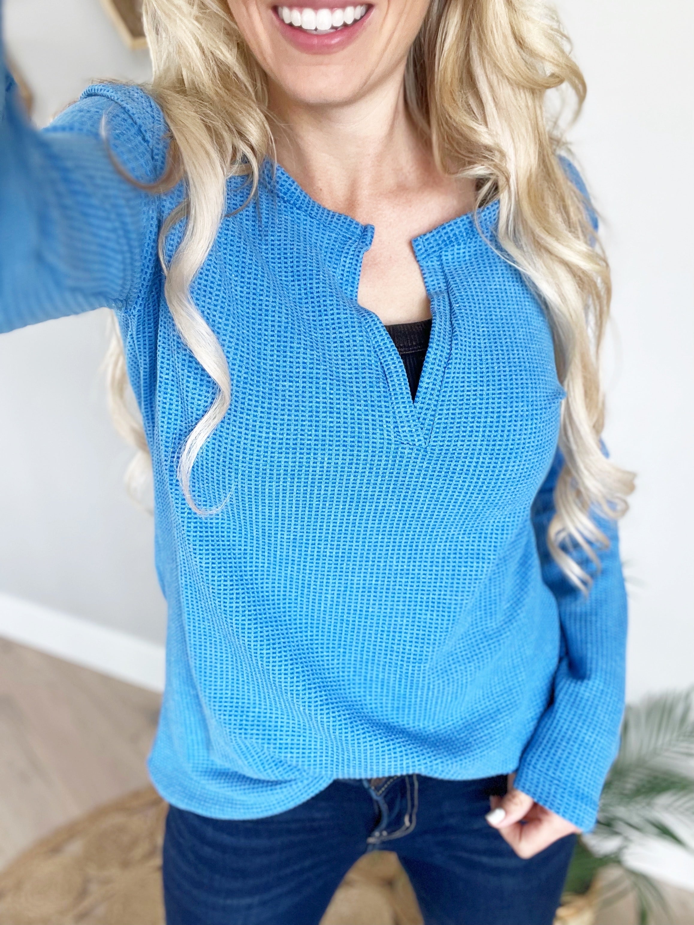 Waffle v neck long sales sleeve