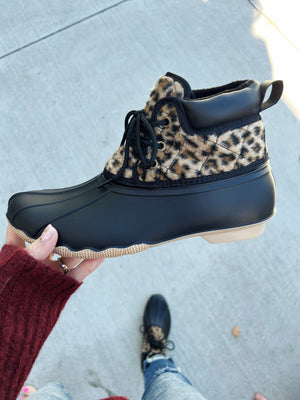 Gypsy Jazz Duck Boots in Black and Animal Print (SALE)