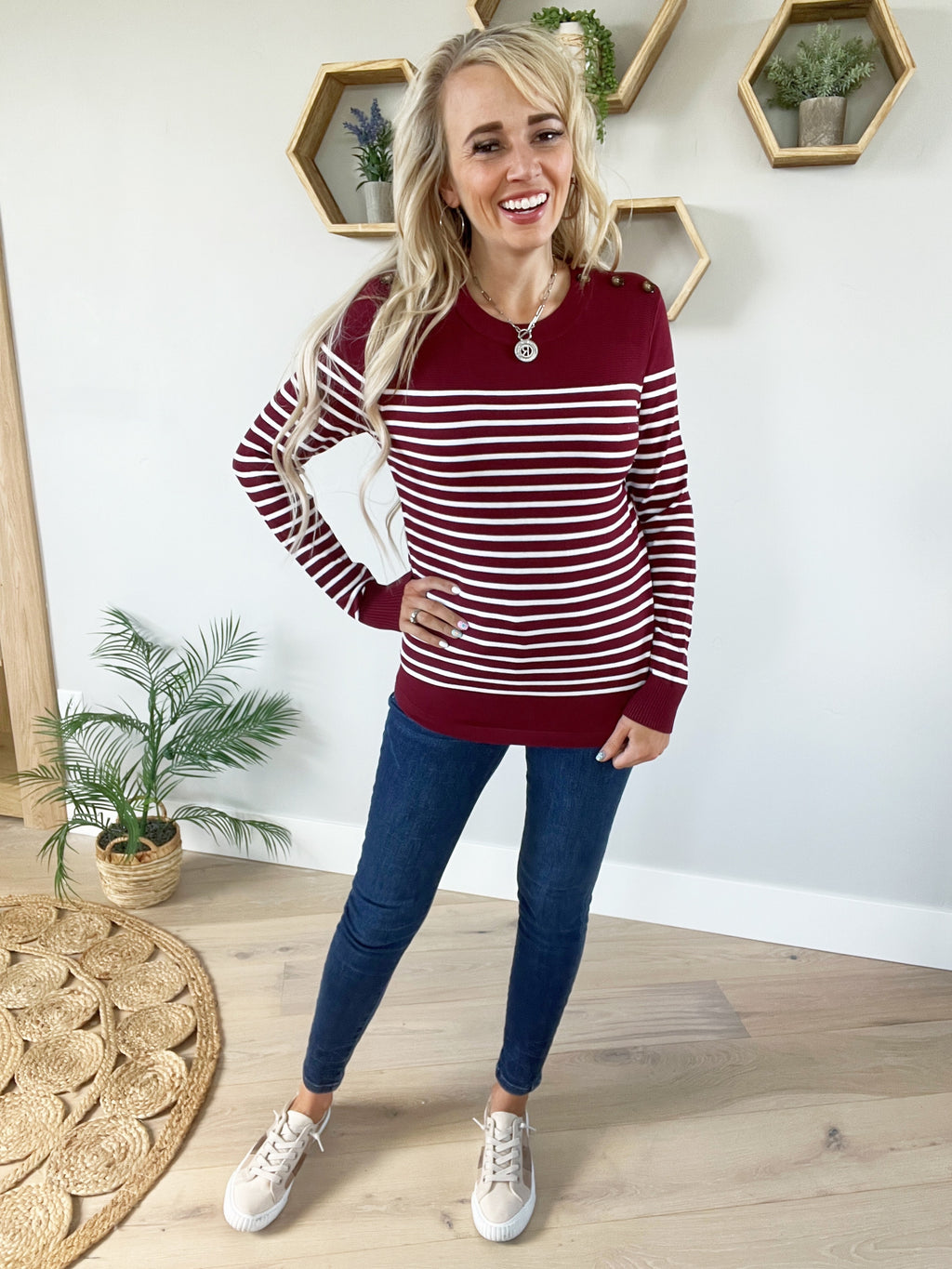 Win or Lose Striped Sweater in Burgundy and Ivory