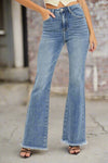 Risen High Rise Raw Hem Flare Jeans