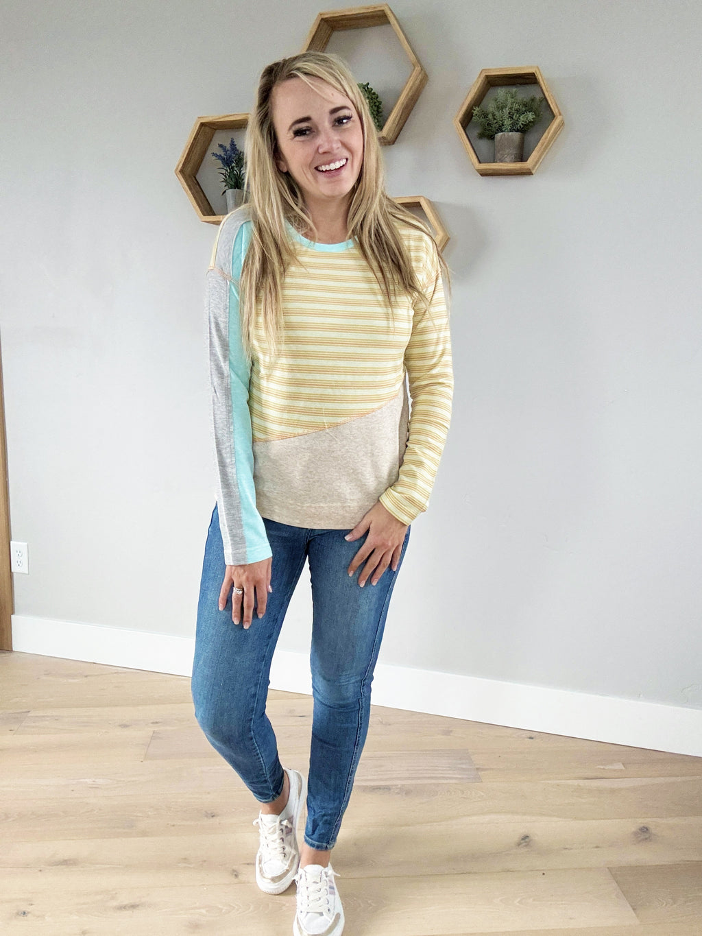 Can't Wait Long Sleeve Top in Blue and Stripes