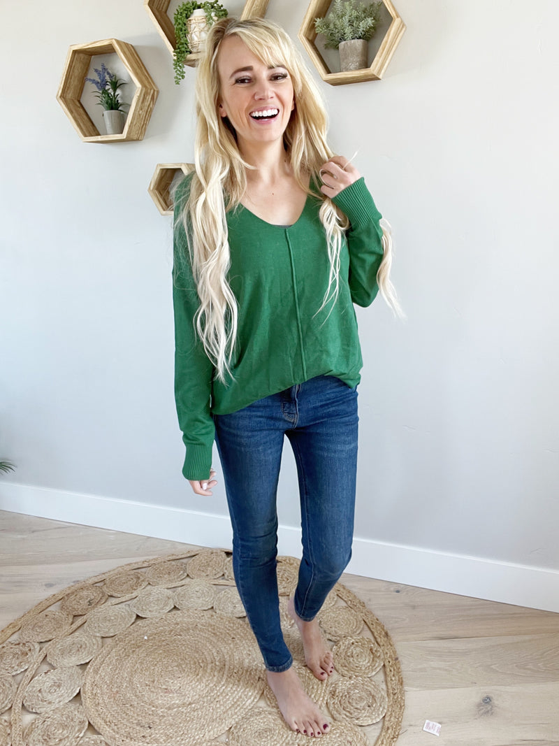 Tell Me Lies Front Seam Sweater in Dark Green Ivory Gem