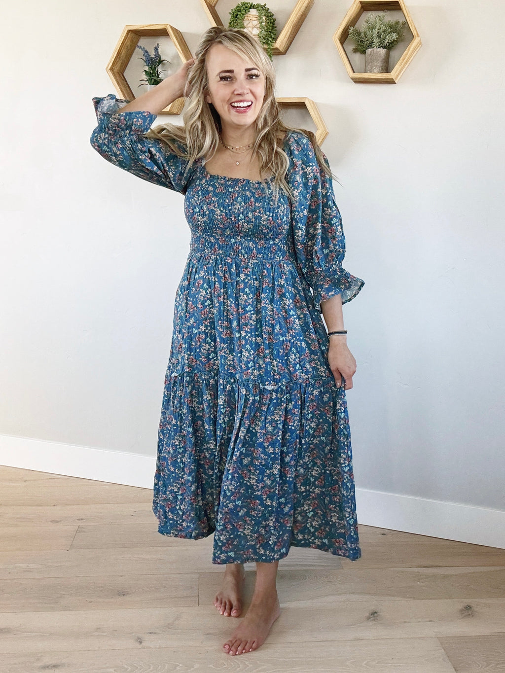 Wildflowers Floral Tiered Midi Dress in Teal