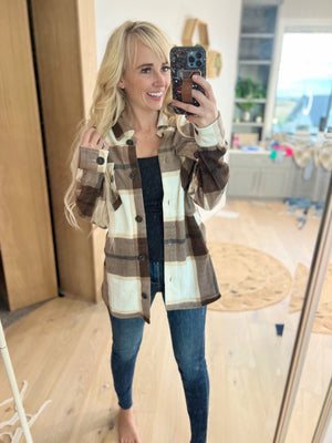 Gotta Go Oversized Plaid Fleece Shacket in Brown