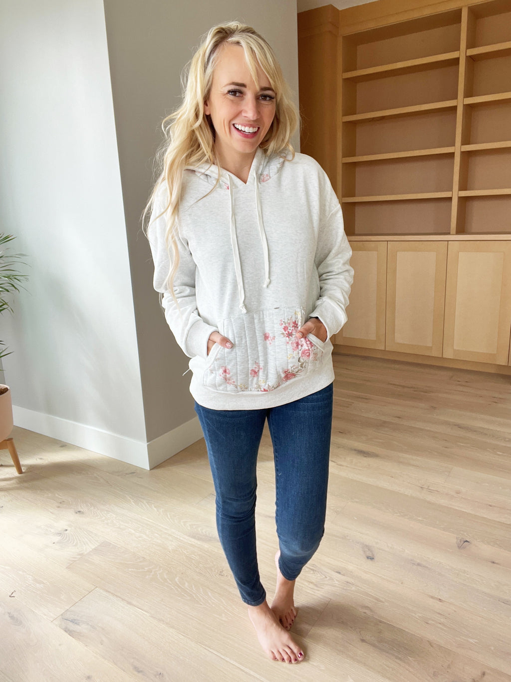 Always Together Quilted Ditzy Print Hoodie in Light Heather Gray