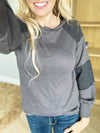 Restless Lace Contrast Bishop Sleeve Top in Charcoal