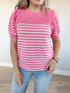 Girly Girl Striped Puff Sleeve Top In Pinkberry