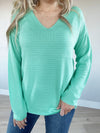Message Me V-Neck Pintuck Striped Sweater in Mint