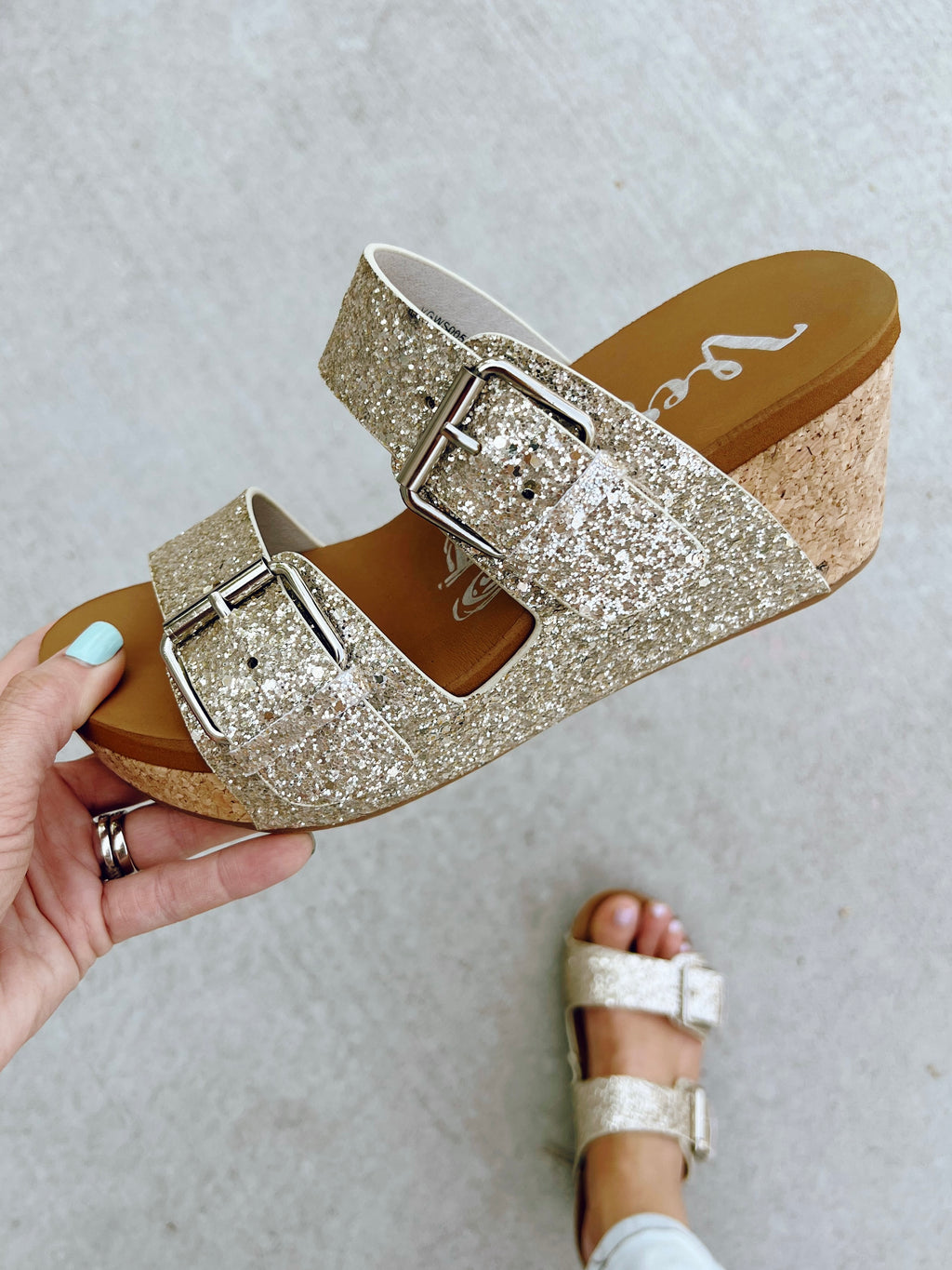 Very G Sparkle Wedge Sandals in Champagne