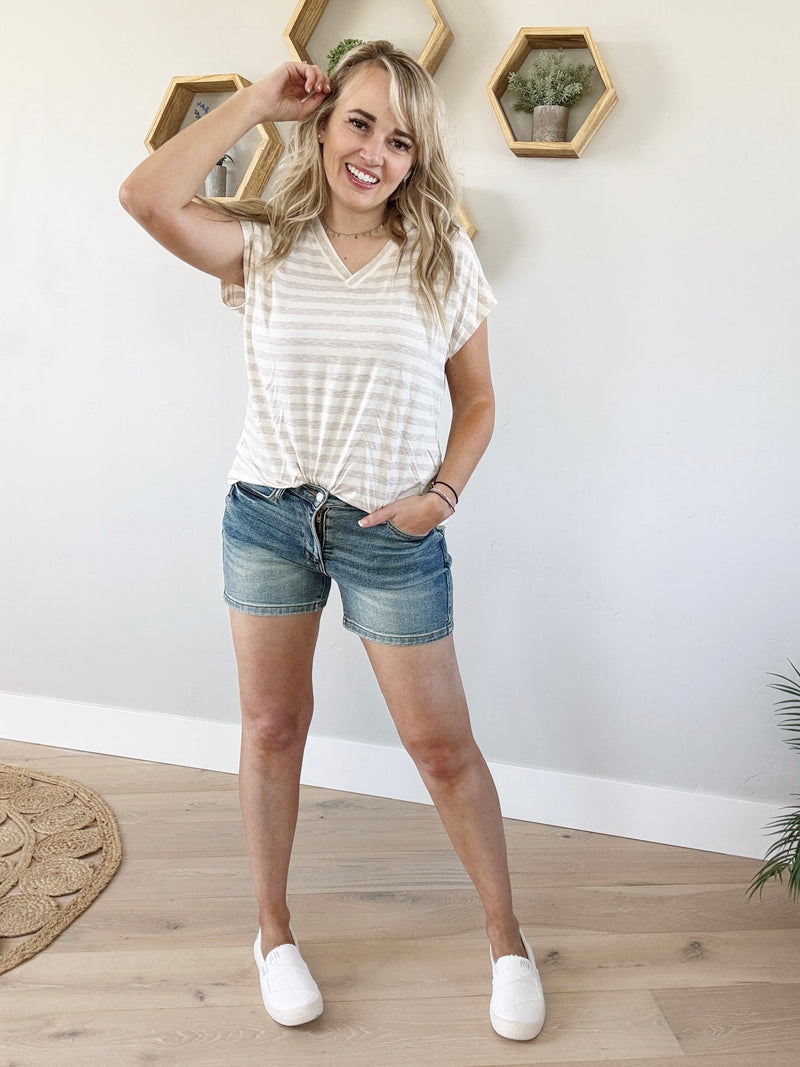 Lifetime V-Neck Cap Sleeve in Oatmeal