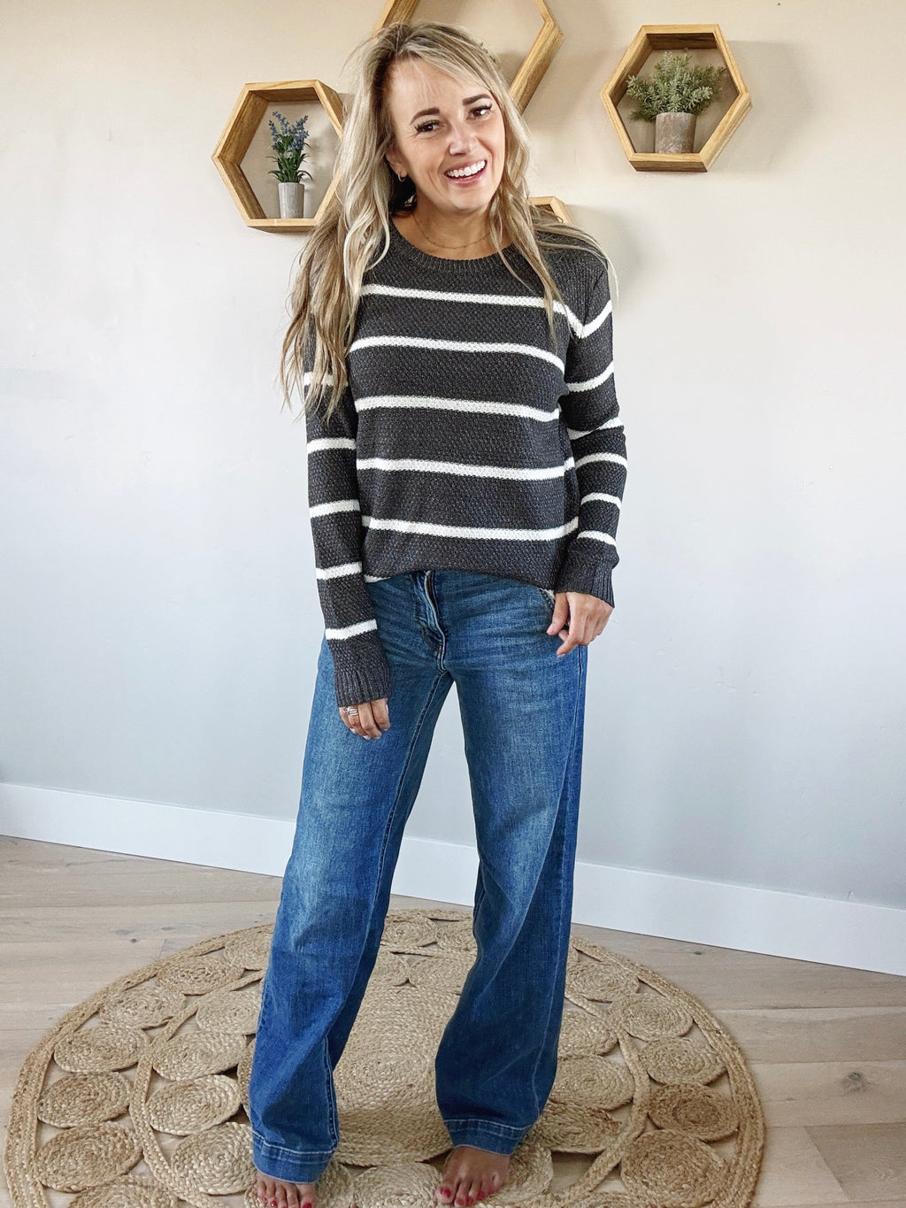 The Big Winner Striped Sweater in Gun Metal