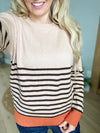 Look At Me Now Color Block Striped Sweater In Oat, Mocha, and Rust