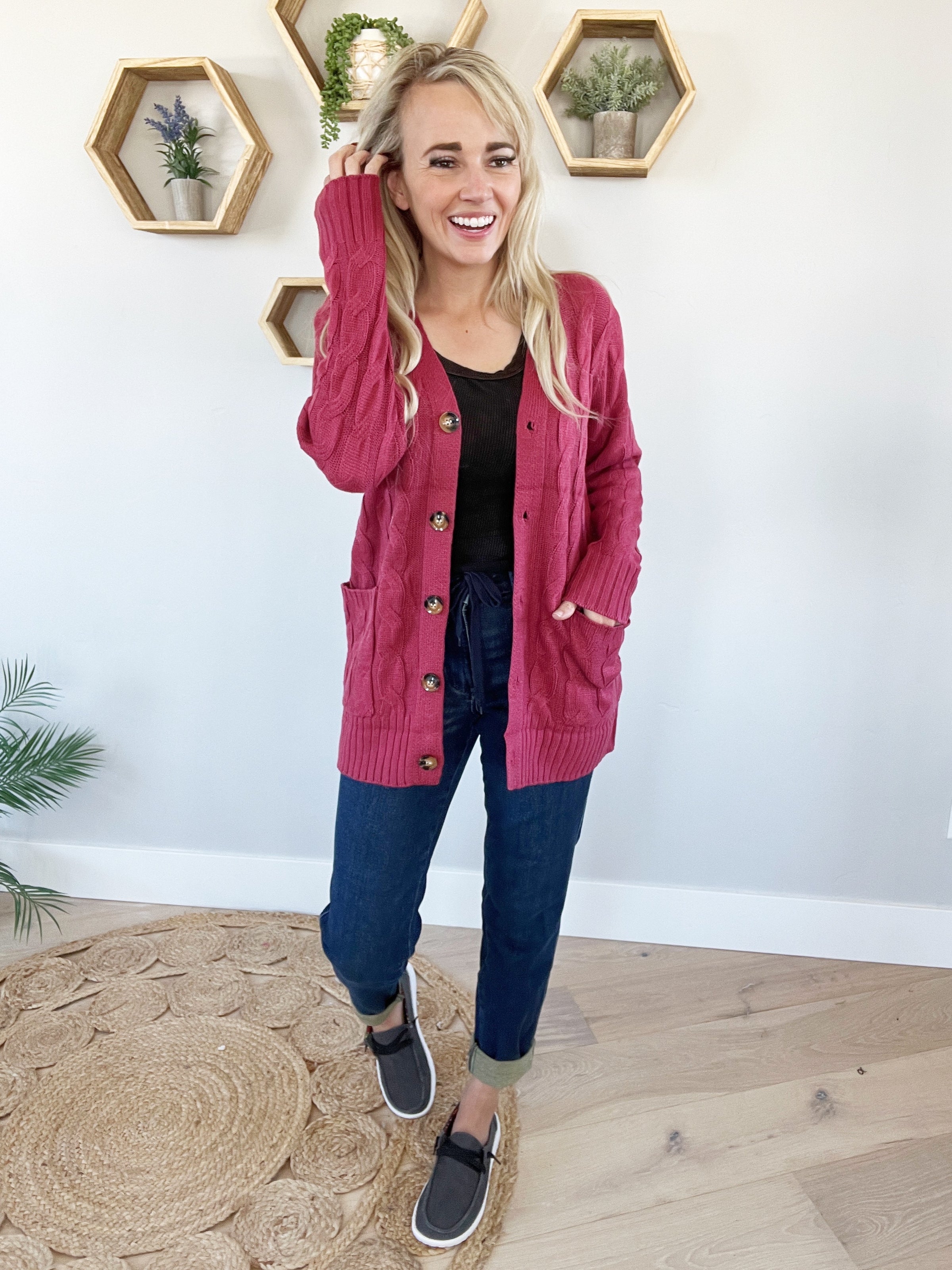 Wine cardigan outfit cheap