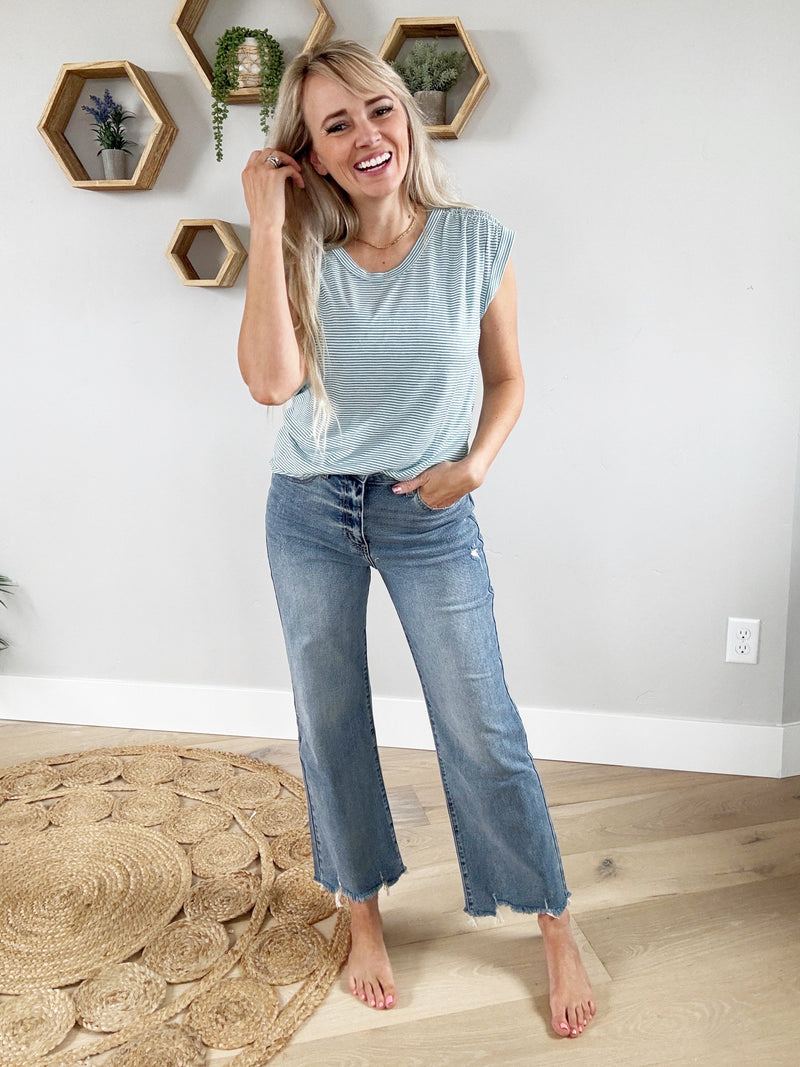 Together Cap Sleeve Pin Striped Top in Ivory and Dark Jade