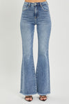 Risen High Rise Raw Hem Flare Jeans