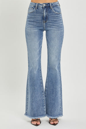 Risen High Rise Raw Hem Flare Jeans