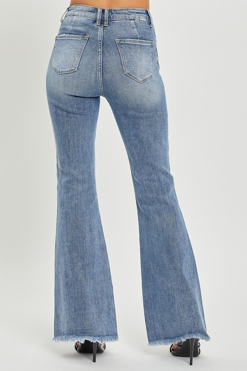 Risen High Rise Raw Hem Flare Jeans
