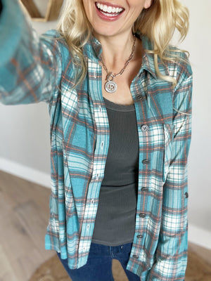 No Fool Plaid Roll-Up Long Sleeve Top in Teal
