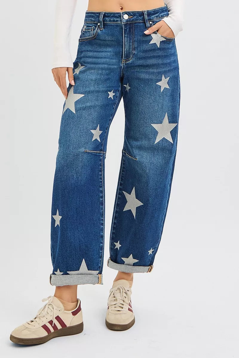 Risen Mid Rise Relaxed Barrel Star Jeans