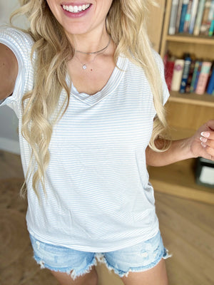 Not Home V-Neck Pinstriped Tee in Ivory and Blue