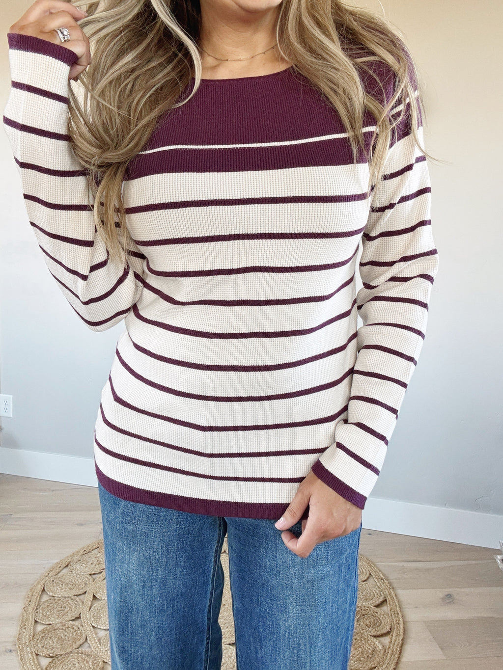 Tell Me About It Textured Knit Sweater in Plum