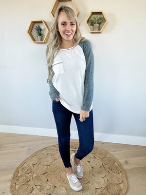 Beautiful Day Color Block Waffle Top in Ivory and Hunter Green (SALE)