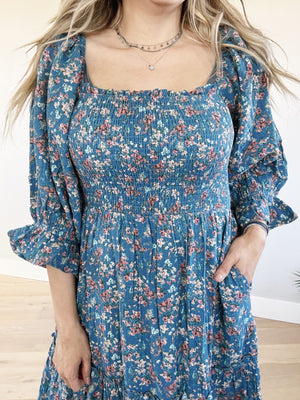Wildflowers Floral Tiered Midi Dress in Teal