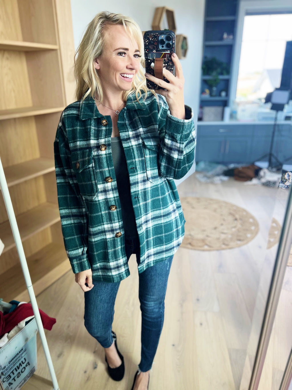 Wild and Free Plaid Shacket in Hunter Green Combo
