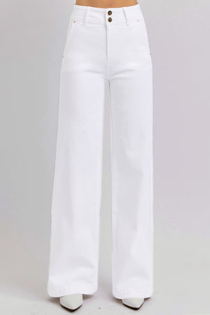 Risen Tummy Control Double Button Wide Leg Jeans