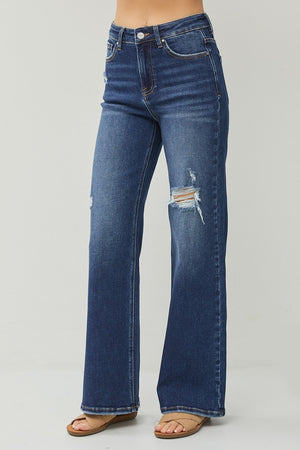 Risen High Rise Distressed Wide Leg Jeans