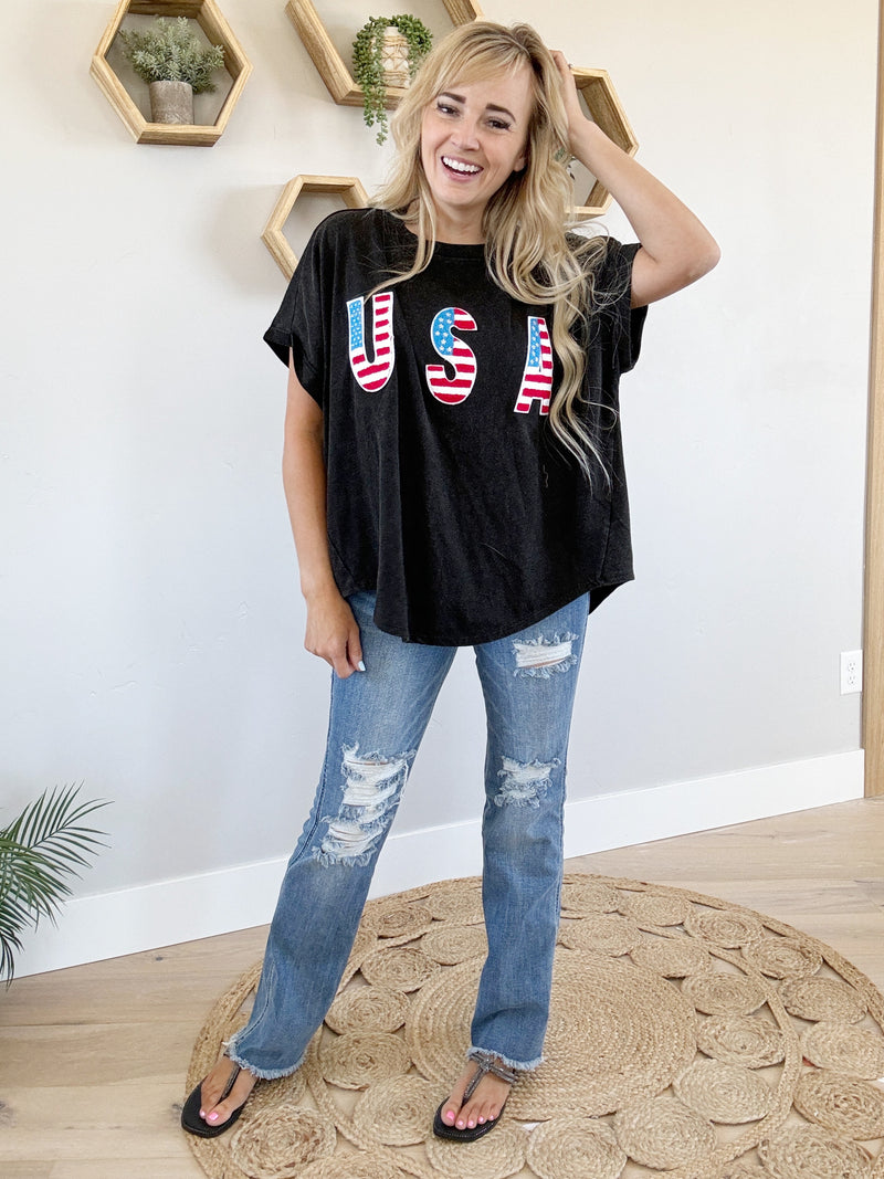 USA Vintage Wash Top in Black Charcoal