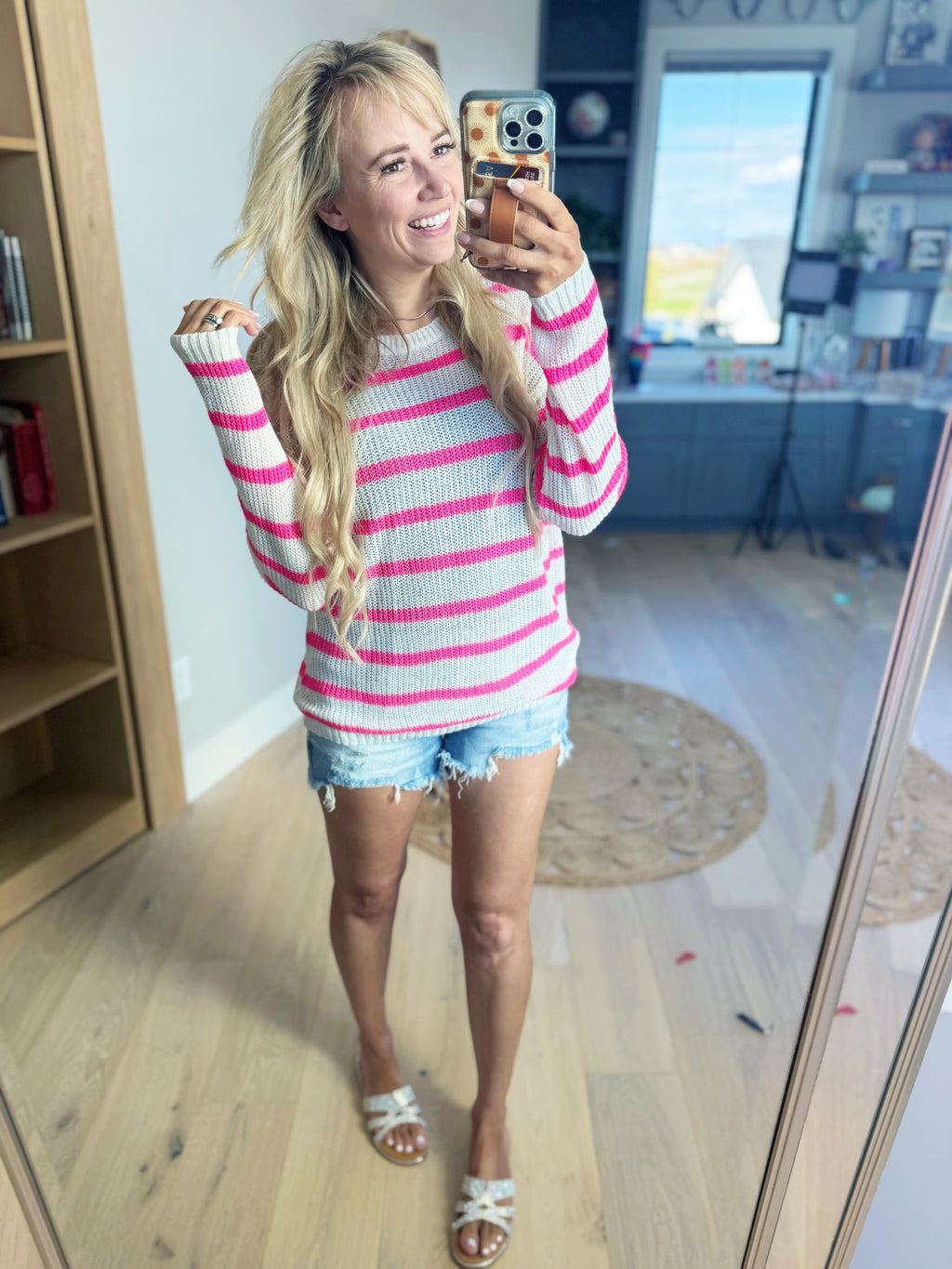 Keeping It Cool Striped Sweater in Ivory and Fuchsia
