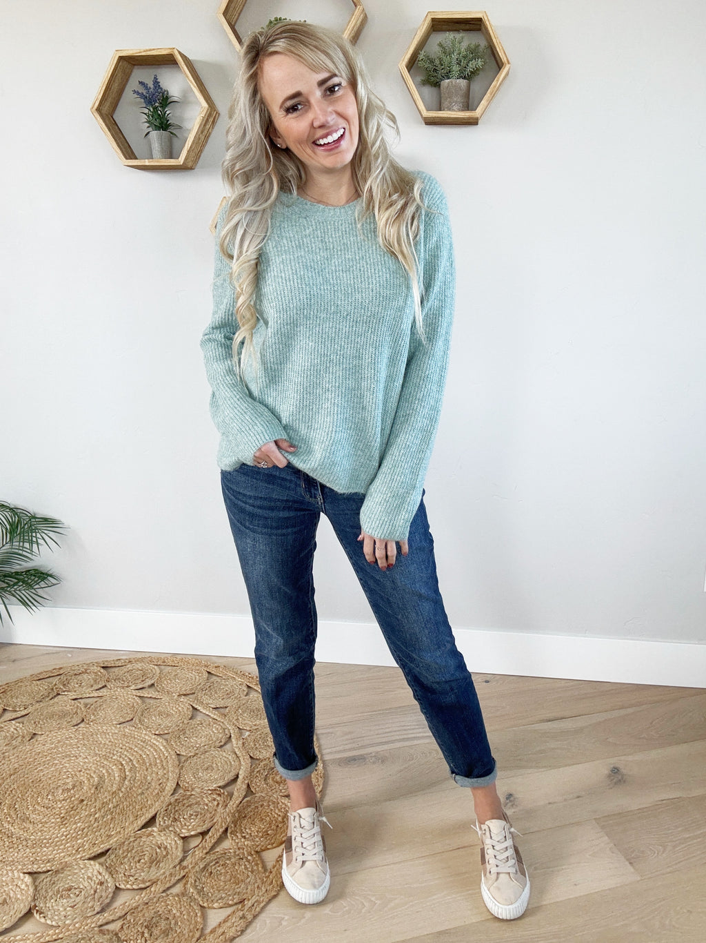 Closer Ribbed Crew Neck Sweater in Mint