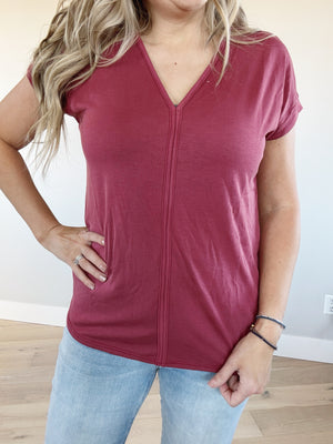 Coming Up V-Neck Jersey Top in Marsala