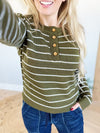 Good Intentions Long Sleeve Striped Top with Button Detail in Olive and Ivory