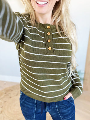 Good Intentions Long Sleeve Striped Top with Button Detail in Olive and Ivory