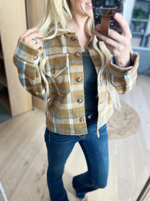 Mad About You Plaid Shacket In Camel Combo